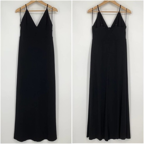 Lulus V Neck Spaghetti Strap Stretch Crepe Maxi Dress Bridesmaid Gown, Black - Picture 2 of 9